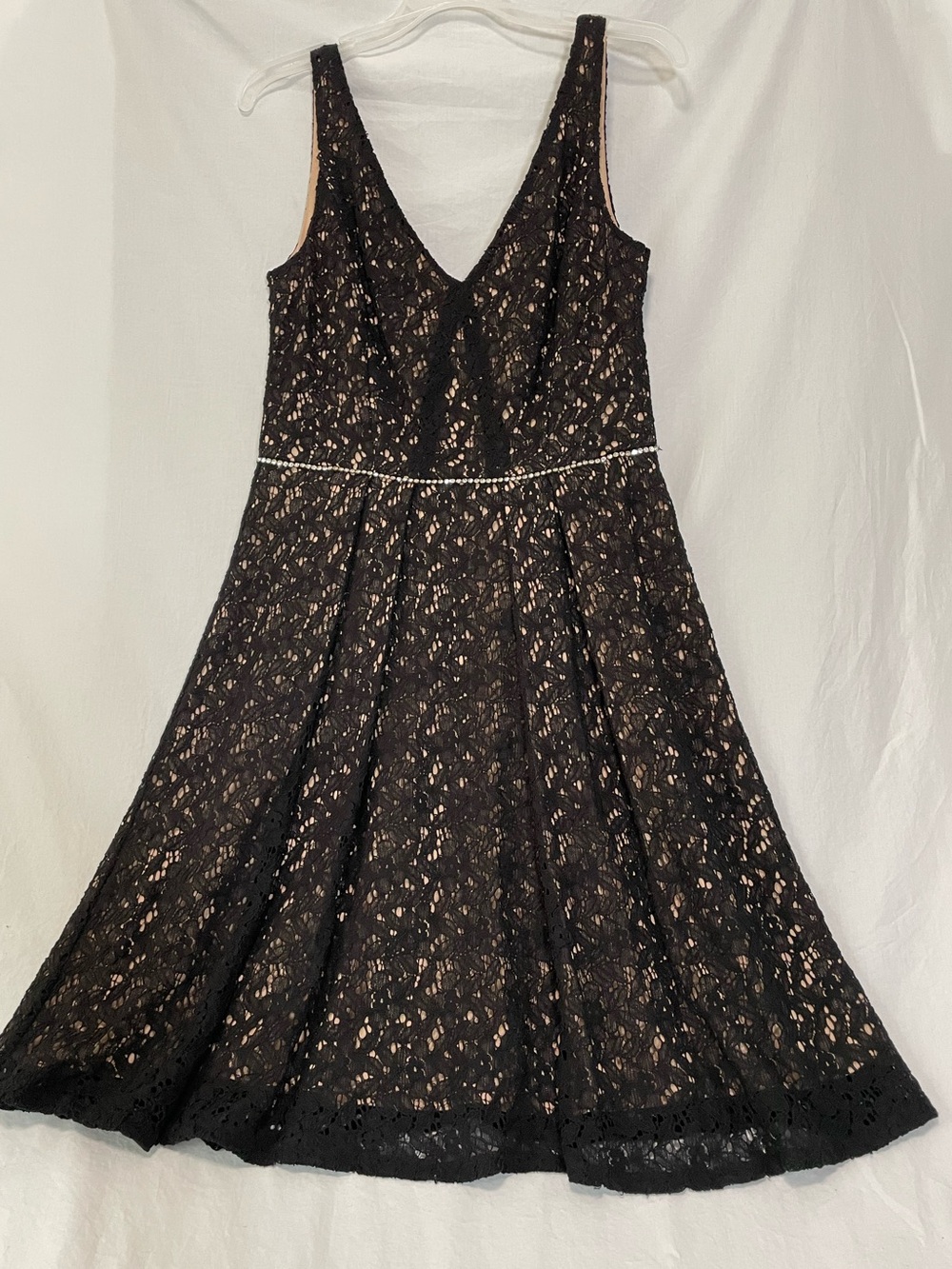 Lovely by Adrianna Papell Black Lace Fit and Flare Dress with Nude Underlay, 6